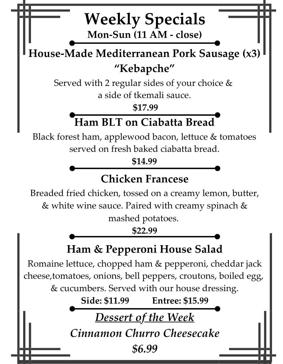 weekly specials Lunch and Dinner Specials, Towson, Mediterranean, Fresh Seafood, Pizza